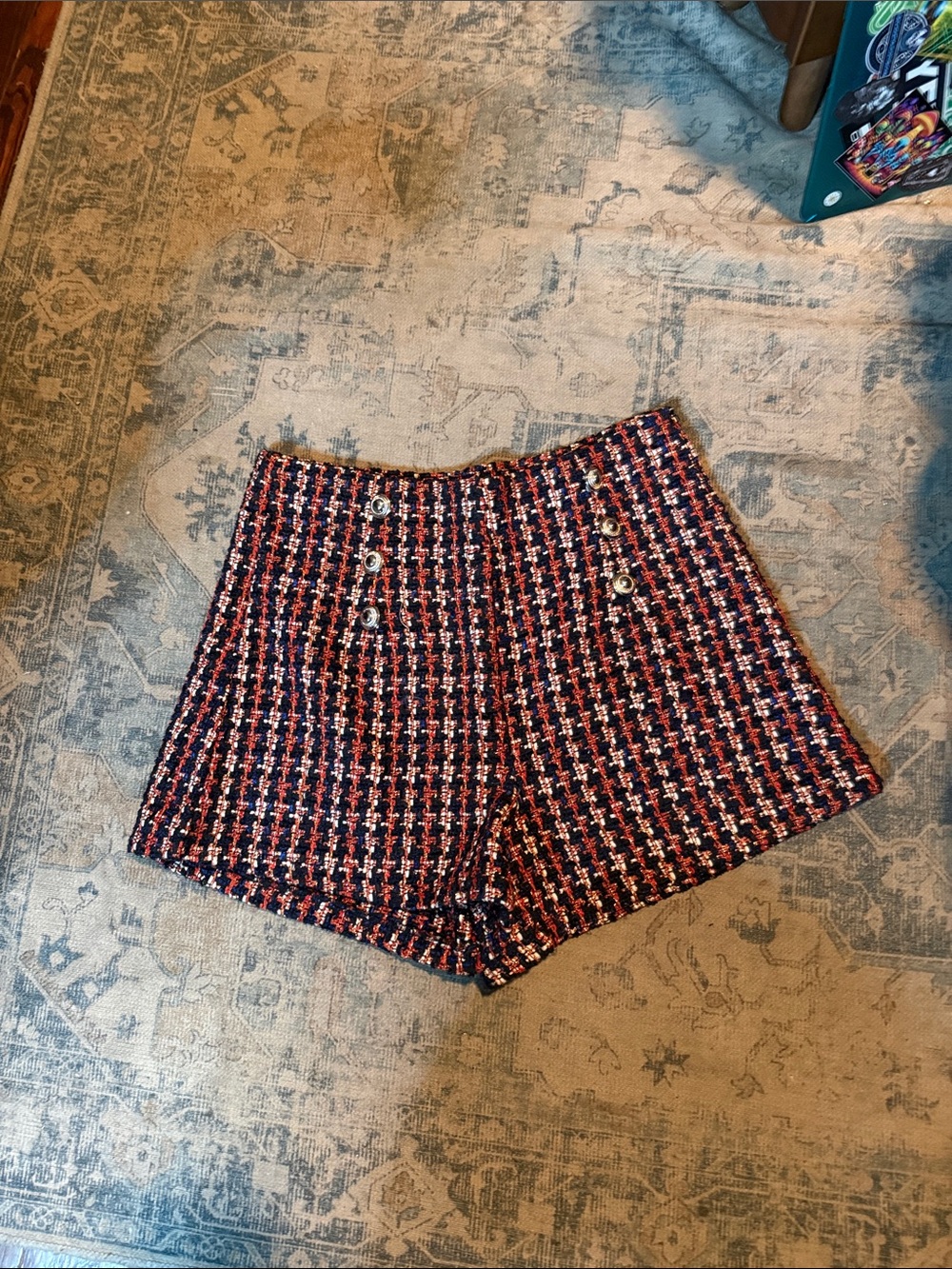 NWOT SHEIN High-Waist Tweed Shorts in Navy & Red